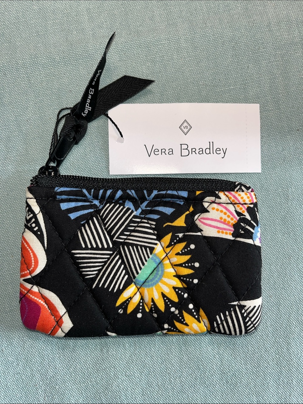 Vera Bradley Black Quilted Floral Coin Pouch with Multicolor Accents Kauai Flora
